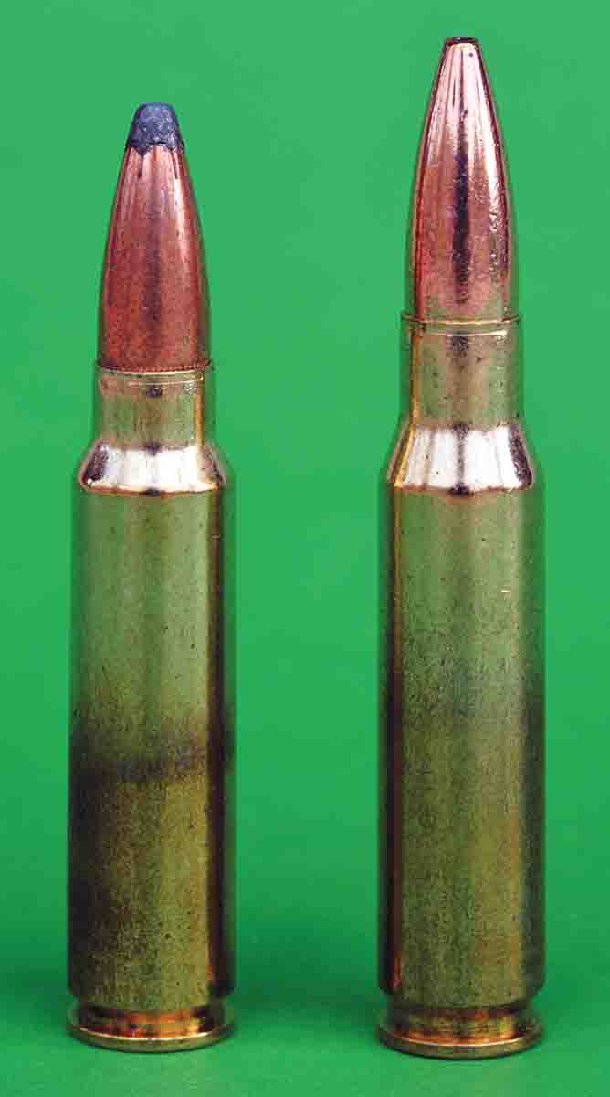 The .300 Savage (left) is similar to the .308 Winchester (right), but it was designed as a short-action cartridge more than 30 years prior to the development of the .308 Winchester.
